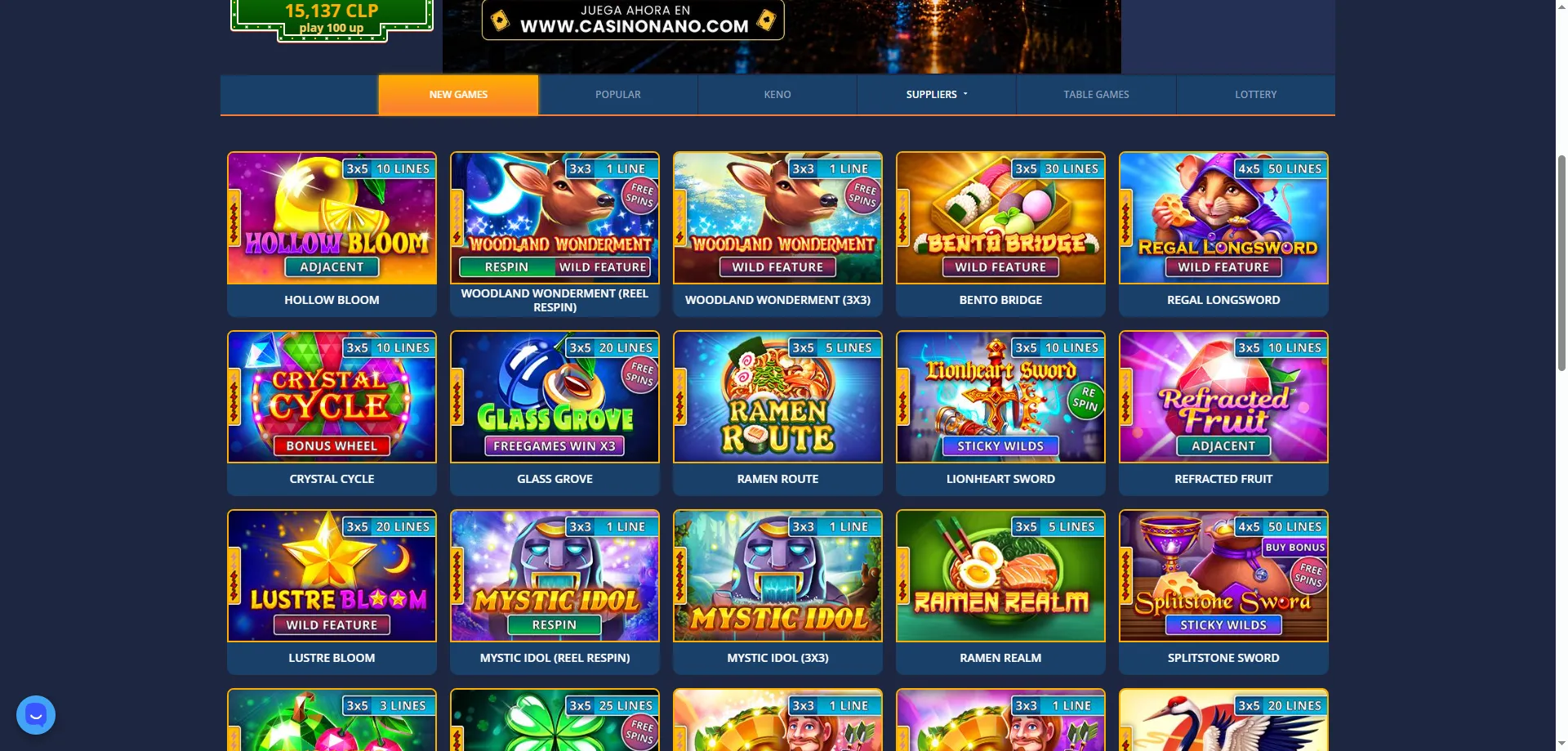 Juegos de casino online Nano Casino — tragamonedas y mesa en CLP